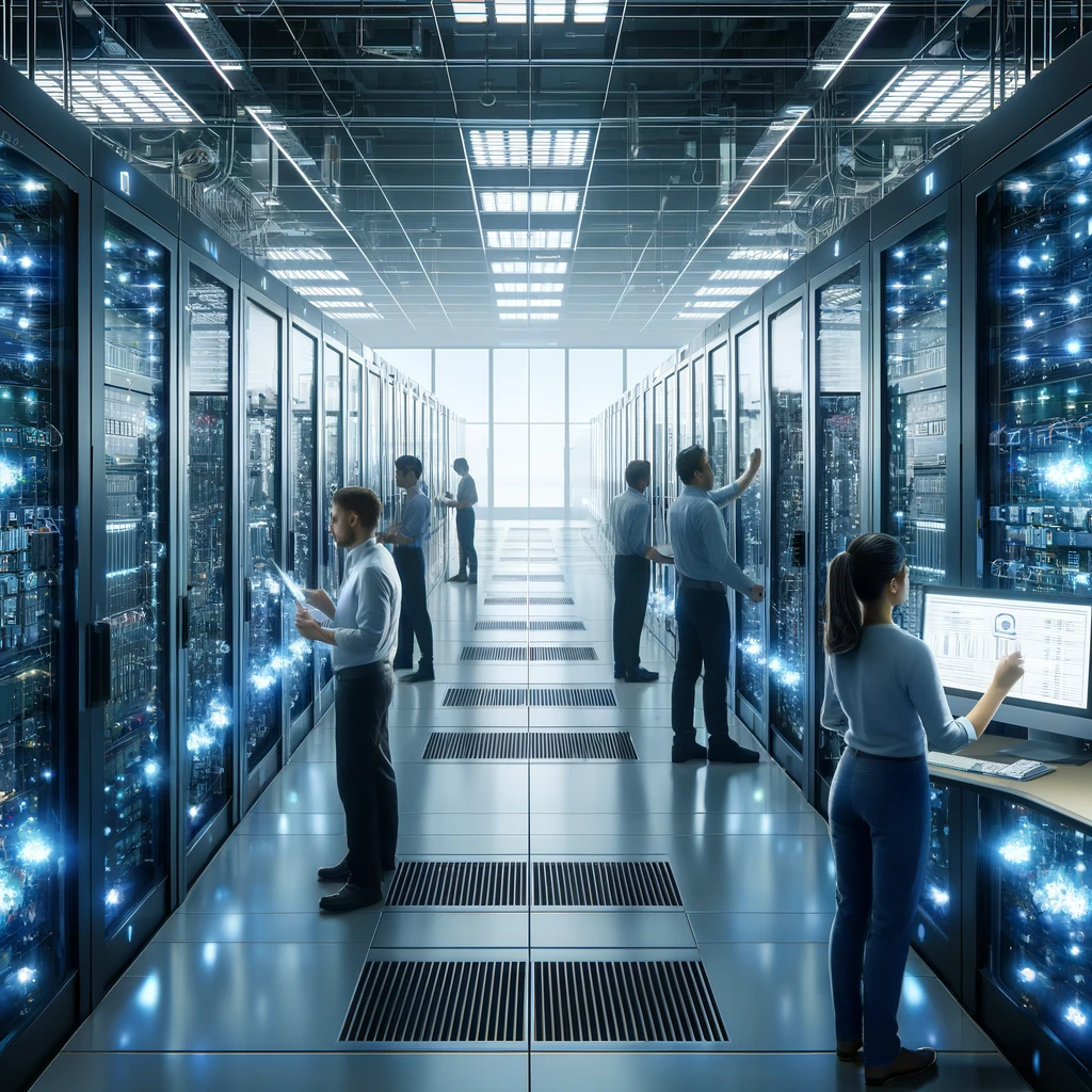 How Data Engineering Services Work 1 DALL·E 2024 05 13 10.09.10 A modern data center with racks of servers and LED lights showing data engineers at work. The engineers diverse in gender and ethnicity are activel