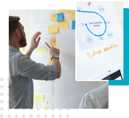 Newsletter 1 A team brainstorming with sticky notes on a whiteboard.